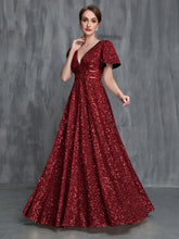 Abendkleid für Damen mit tiefem Ausschnitt, Schmetterlingsärmeln und Pailletten